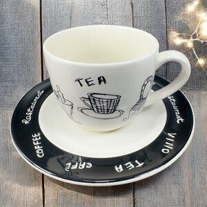 Pier 1 ENGLAND ANGLETERRE Ceramic Teacup And Saucer Set Black White Vino Coffee